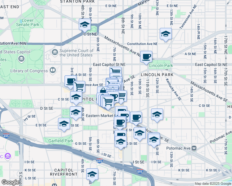 map of restaurants, bars, coffee shops, grocery stores, and more near 101 Independence Avenue Southeast in Washington