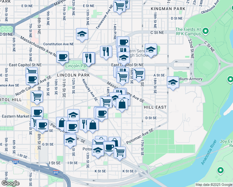 map of restaurants, bars, coffee shops, grocery stores, and more near 1435 South Carolina Avenue Southeast in Washington