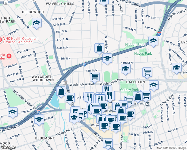map of restaurants, bars, coffee shops, grocery stores, and more near 1232 North Stuart Street in Arlington