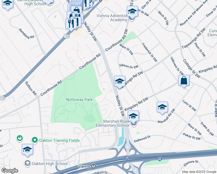 map of restaurants, bars, coffee shops, grocery stores, and more near 705 Hunter Court Southwest in Vienna