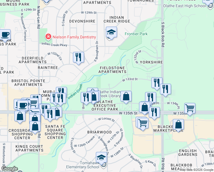 map of restaurants, bars, coffee shops, grocery stores, and more near 15532 West 133rd Street in Olathe