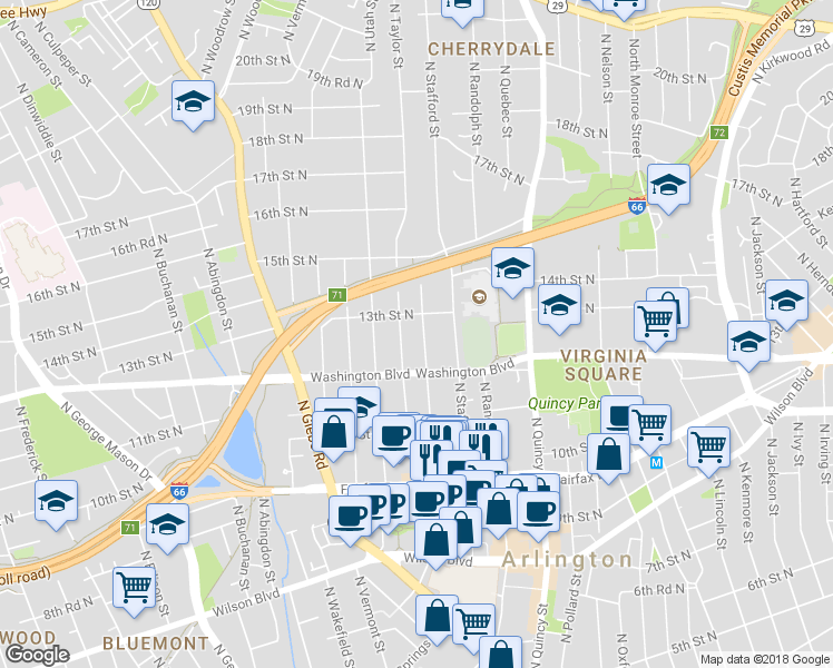 map of restaurants, bars, coffee shops, grocery stores, and more near 1232 North Stuart Street in Arlington