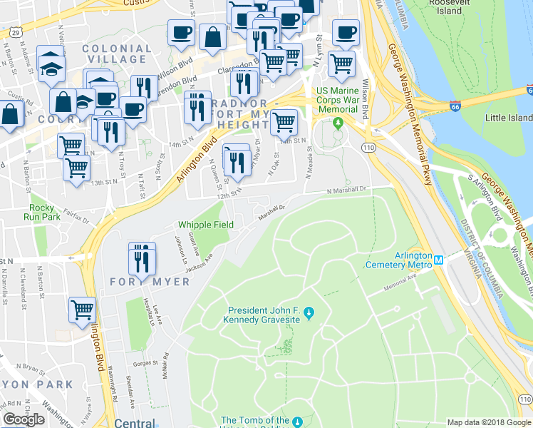 map of restaurants, bars, coffee shops, grocery stores, and more near 374 Marshall Dr in Arlington