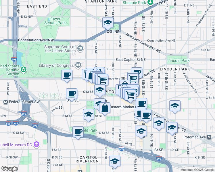 map of restaurants, bars, coffee shops, grocery stores, and more near 400 Seward Square Southeast in Washington
