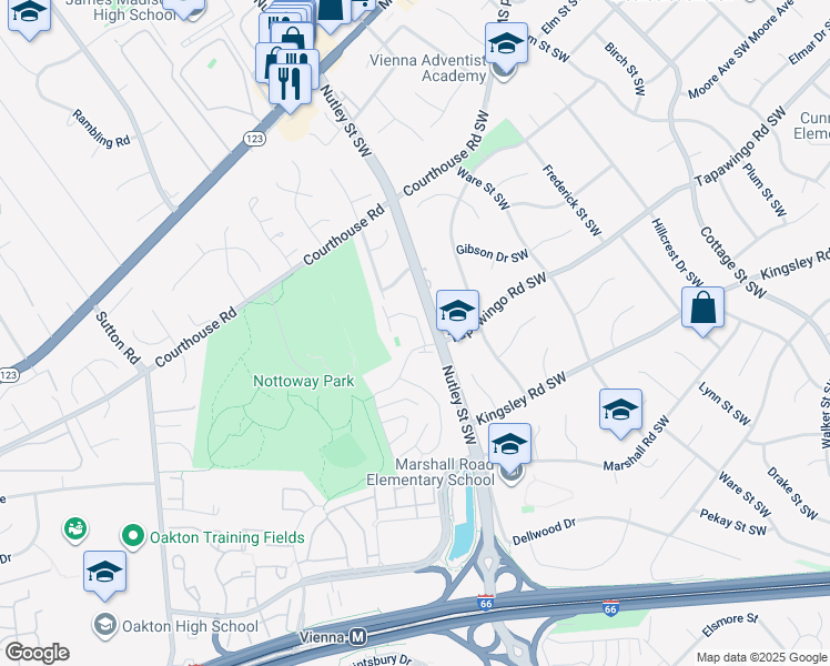 map of restaurants, bars, coffee shops, grocery stores, and more near 705 Hunter Court Southwest in Vienna