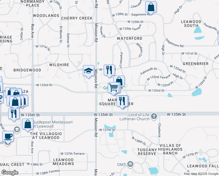 map of restaurants, bars, coffee shops, grocery stores, and more near 13251 Mission Road in Leawood