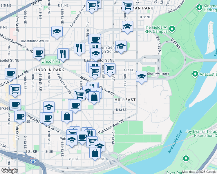 map of restaurants, bars, coffee shops, grocery stores, and more near 101 Independence Avenue Southeast in Washington
