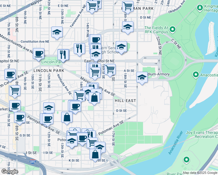 map of restaurants, bars, coffee shops, grocery stores, and more near 1620 Massachusetts Avenue Southeast in Washington