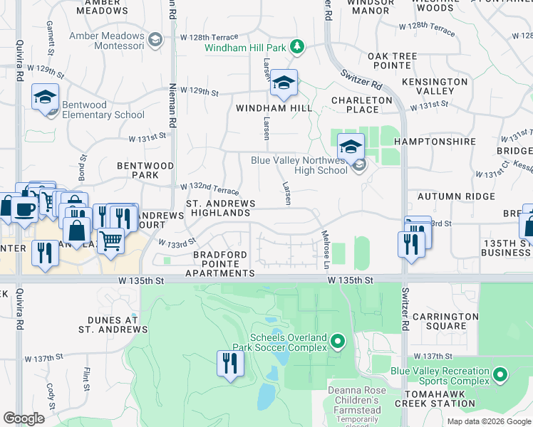 map of restaurants, bars, coffee shops, grocery stores, and more near 10350 West 135th Street in Overland Park