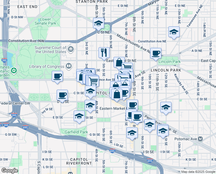 map of restaurants, bars, coffee shops, grocery stores, and more near 514 Seward Square Southeast in Washington