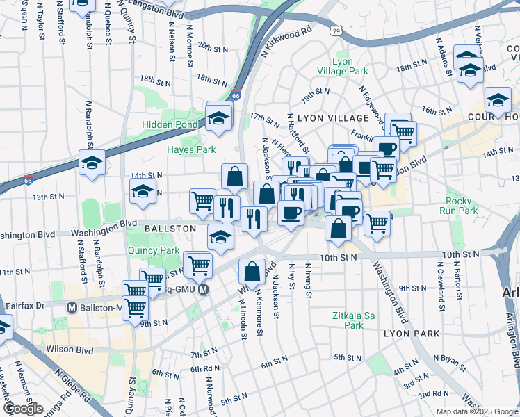 map of restaurants, bars, coffee shops, grocery stores, and more near 1134 North Johnson Street in Arlington
