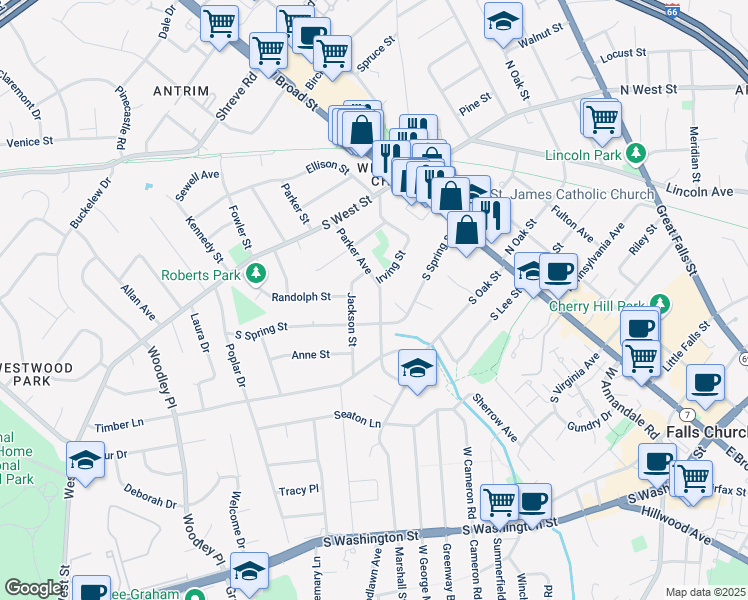 map of restaurants, bars, coffee shops, grocery stores, and more near 707 Parker Avenue in Falls Church