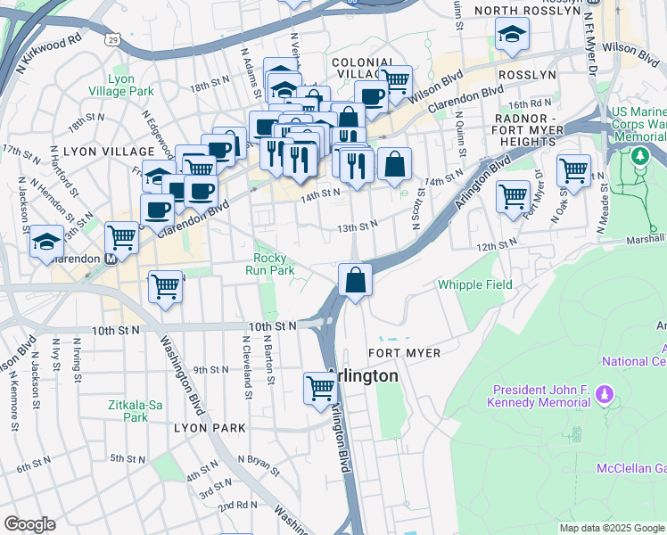 map of restaurants, bars, coffee shops, grocery stores, and more near 2200 12th Court North in Arlington
