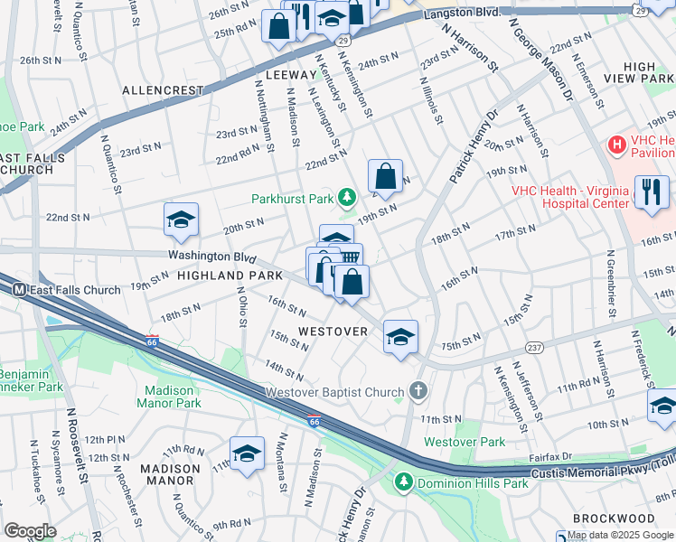 map of restaurants, bars, coffee shops, grocery stores, and more near 1644 McKinley Road in Arlington