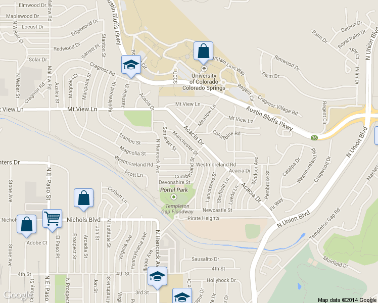 map of restaurants, bars, coffee shops, grocery stores, and more near 3810 Manchester Street in Colorado Springs