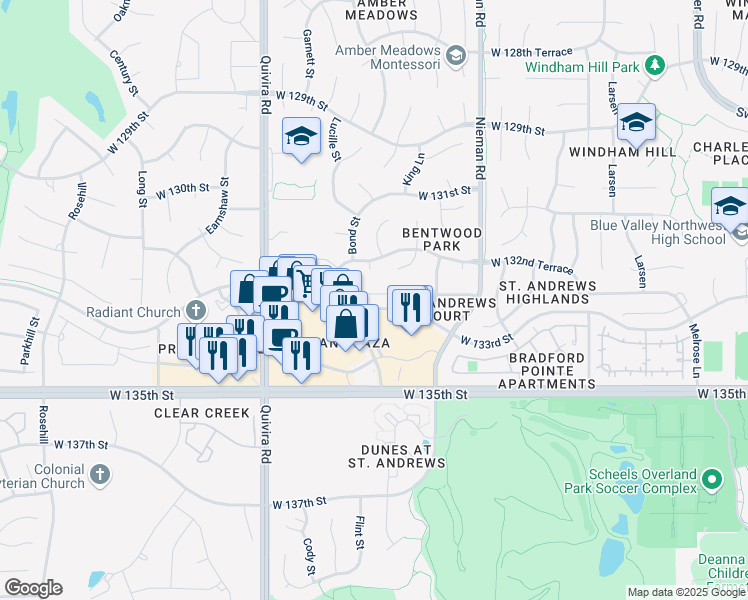 map of restaurants, bars, coffee shops, grocery stores, and more near 11409 West 132nd Terrace in Overland Park