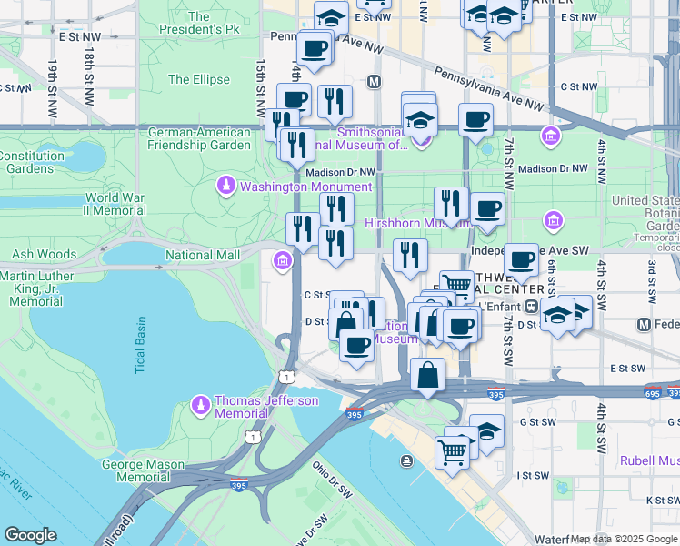 map of restaurants, bars, coffee shops, grocery stores, and more near 1400 Independence Avenue Southwest in Washington