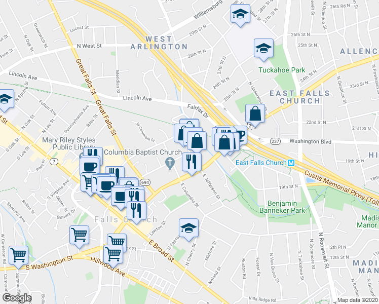 map of restaurants, bars, coffee shops, grocery stores, and more near 510 North Maple Avenue in Falls Church