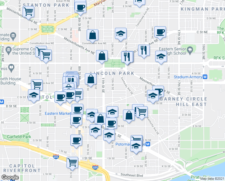 map of restaurants, bars, coffee shops, grocery stores, and more near 12th Street Southeast & Walter Street Southeast in Washington