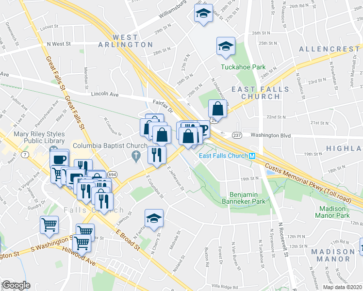 map of restaurants, bars, coffee shops, grocery stores, and more near 6930 Little Falls Road in Arlington