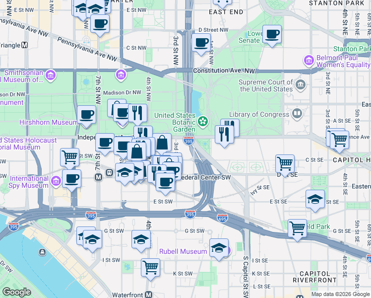 map of restaurants, bars, coffee shops, grocery stores, and more near 200 Independence Avenue Southwest in Washington