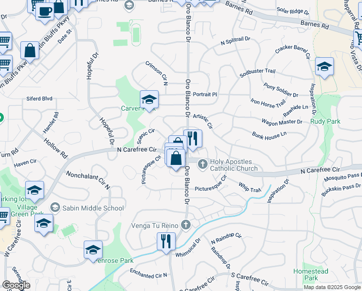 map of restaurants, bars, coffee shops, grocery stores, and more near 3848 Oro Blanco Drive in Colorado Springs