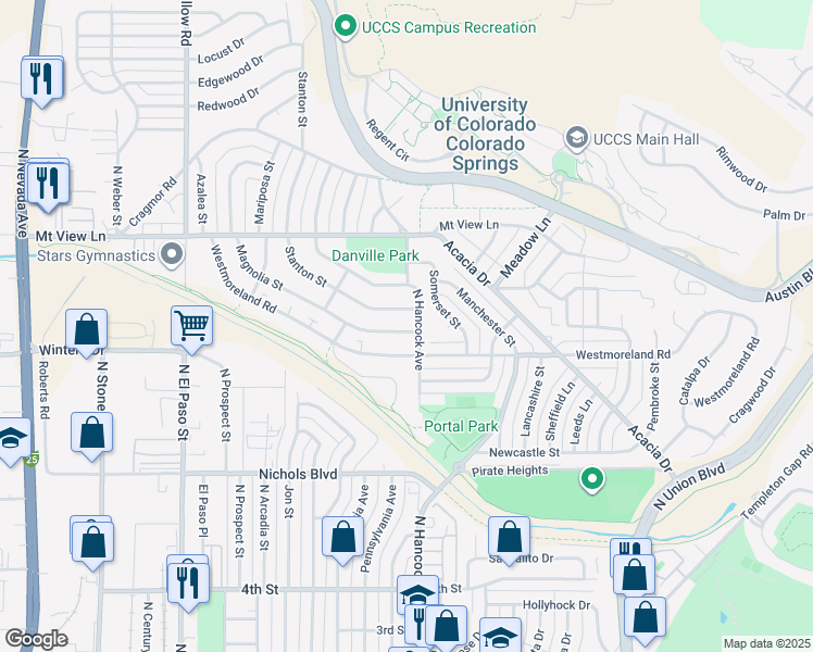 map of restaurants, bars, coffee shops, grocery stores, and more near 1198 Stanton Street in Colorado Springs