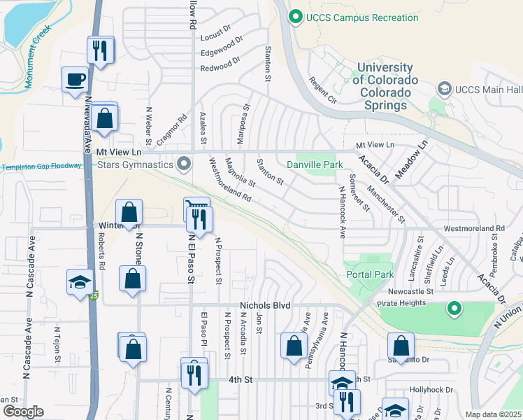 map of restaurants, bars, coffee shops, grocery stores, and more near 1045 Magnolia Street in Colorado Springs