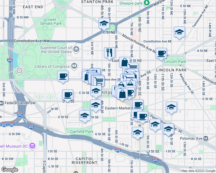 map of restaurants, bars, coffee shops, grocery stores, and more near 101 Independence Avenue Southeast in Washington