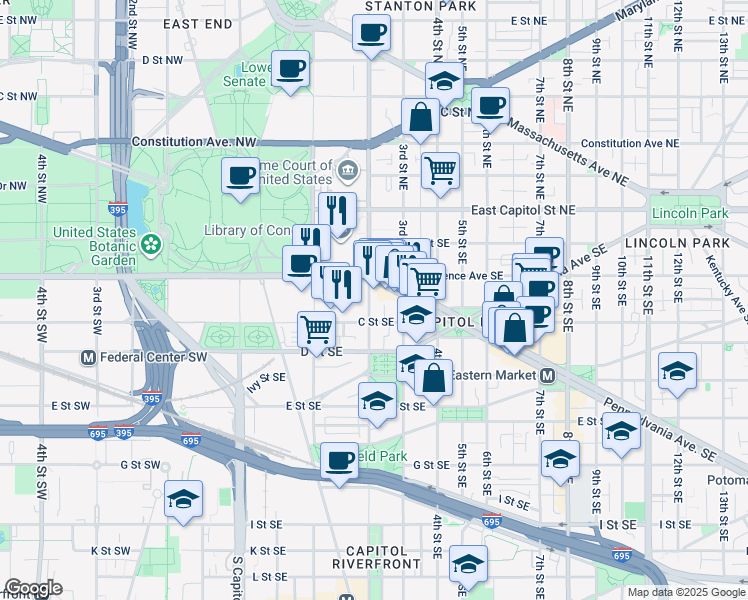 map of restaurants, bars, coffee shops, grocery stores, and more near 101 Independence Avenue Southeast in Washington