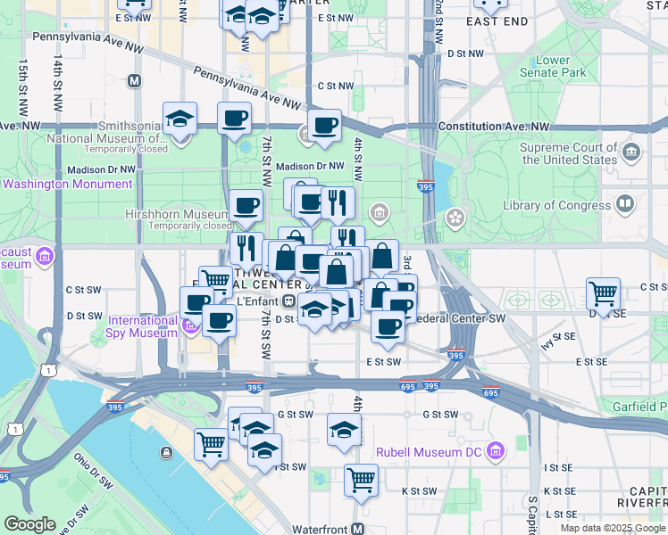 map of restaurants, bars, coffee shops, grocery stores, and more near 101 Independence Avenue Southeast in Washington
