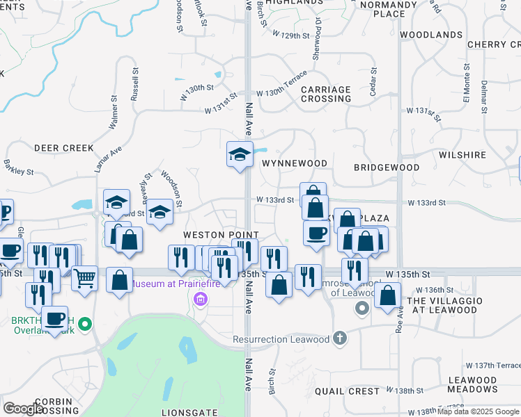 map of restaurants, bars, coffee shops, grocery stores, and more near 5413 West 132nd Terrace in Leawood