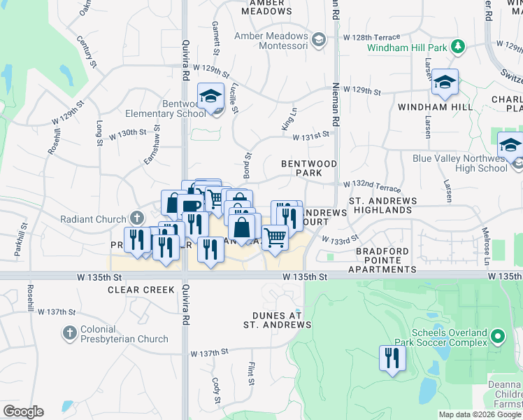 map of restaurants, bars, coffee shops, grocery stores, and more near 11409 West 132nd Terrace in Overland Park
