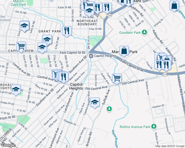 map of restaurants, bars, coffee shops, grocery stores, and more near 5406 Dole Street in Capitol Heights
