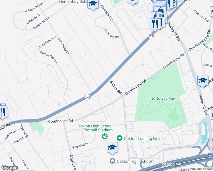 map of restaurants, bars, coffee shops, grocery stores, and more near 2701 Chain Bridge Road in Vienna