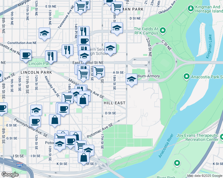 map of restaurants, bars, coffee shops, grocery stores, and more near 1732 Bay Street Southeast in Washington