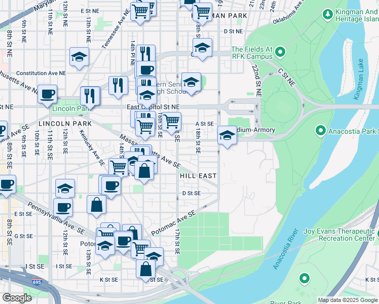 map of restaurants, bars, coffee shops, grocery stores, and more near 1724 Bay Street Southeast in Washington