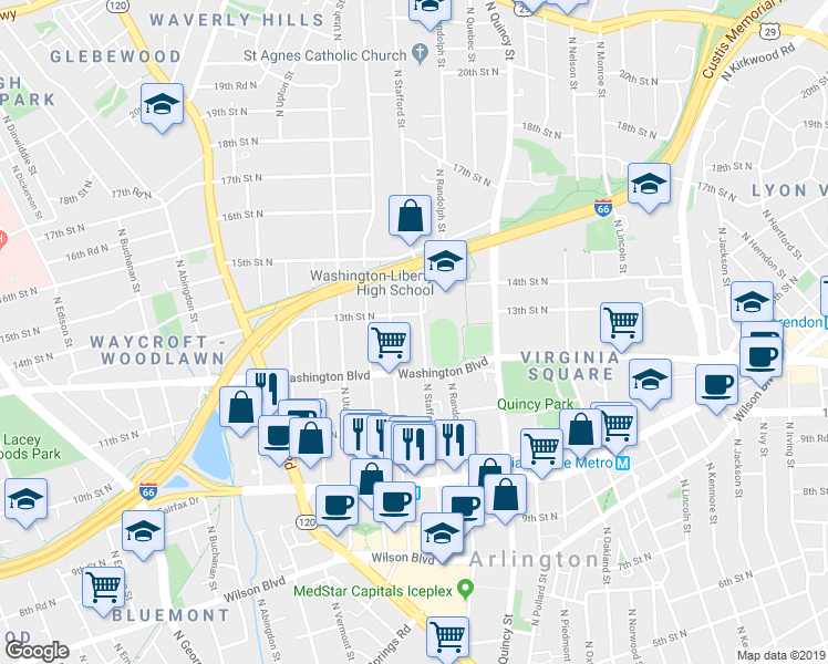 map of restaurants, bars, coffee shops, grocery stores, and more near 1232 North Stafford Street in Arlington