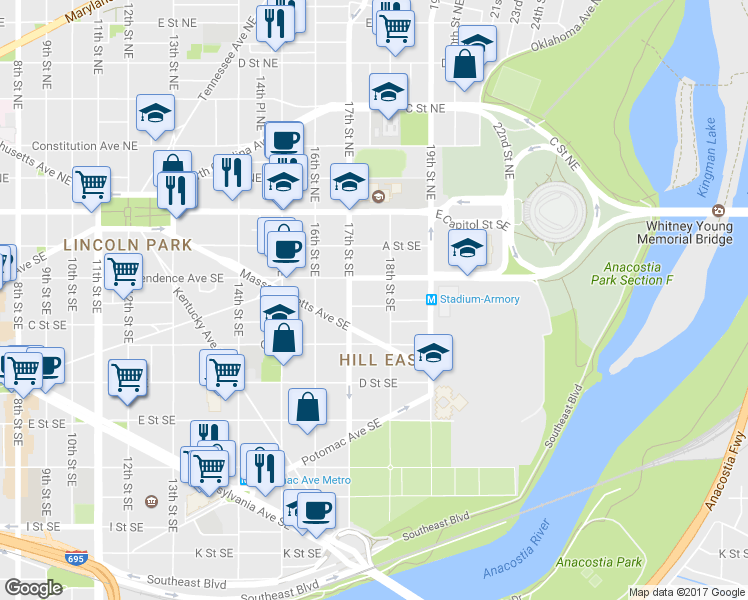 map of restaurants, bars, coffee shops, grocery stores, and more near 1724 Bay Street Southeast in Washington