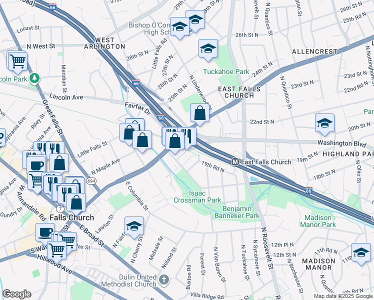map of restaurants, bars, coffee shops, grocery stores, and more near 2121 North Westmoreland Street in Arlington
