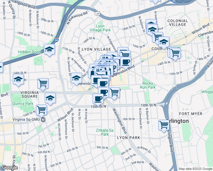 map of restaurants, bars, coffee shops, grocery stores, and more near 1201 North Garfield Street in Arlington