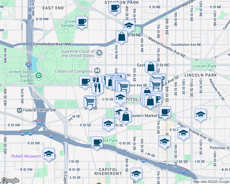 map of restaurants, bars, coffee shops, grocery stores, and more near 237 Pennsylvania Avenue Southeast in Washington