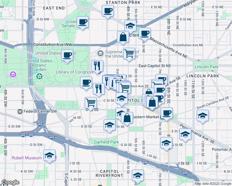 map of restaurants, bars, coffee shops, grocery stores, and more near 237 Pennsylvania Avenue Southeast in Washington