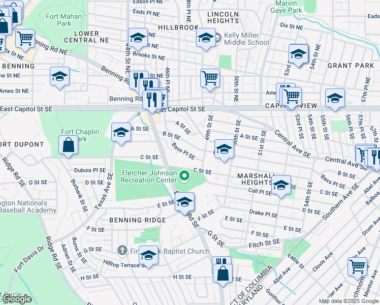 map of restaurants, bars, coffee shops, grocery stores, and more near 4800 Bass Place Southeast in Washington
