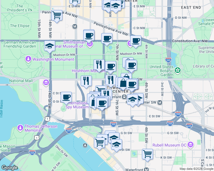 map of restaurants, bars, coffee shops, grocery stores, and more near in Washington
