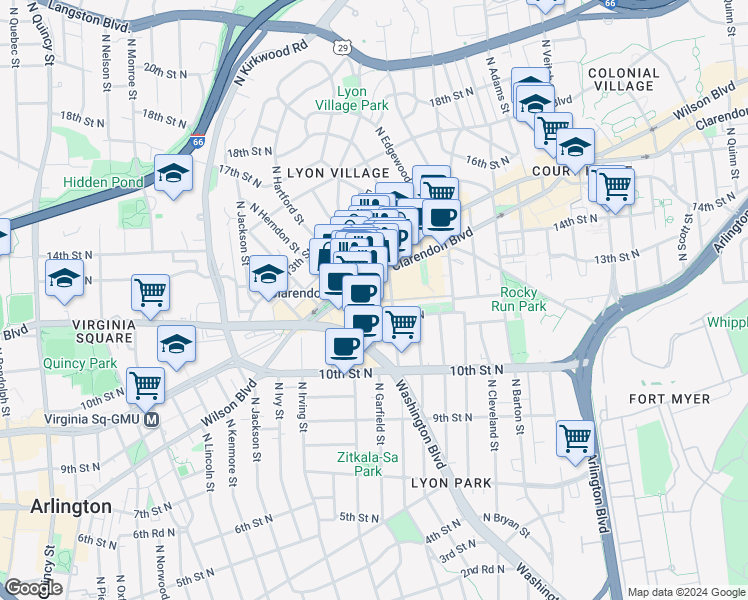 map of restaurants, bars, coffee shops, grocery stores, and more near 1205 North Garfield Street in Arlington