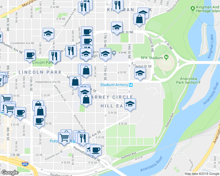 map of restaurants, bars, coffee shops, grocery stores, and more near 1714 Bay Street Southeast in Washington