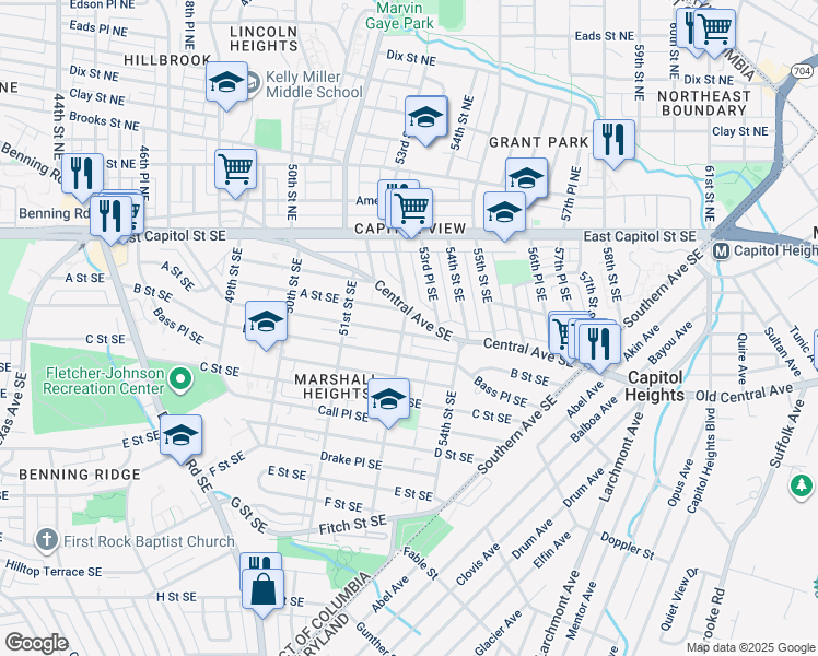 map of restaurants, bars, coffee shops, grocery stores, and more near 116 53rd Street Southeast in Washington