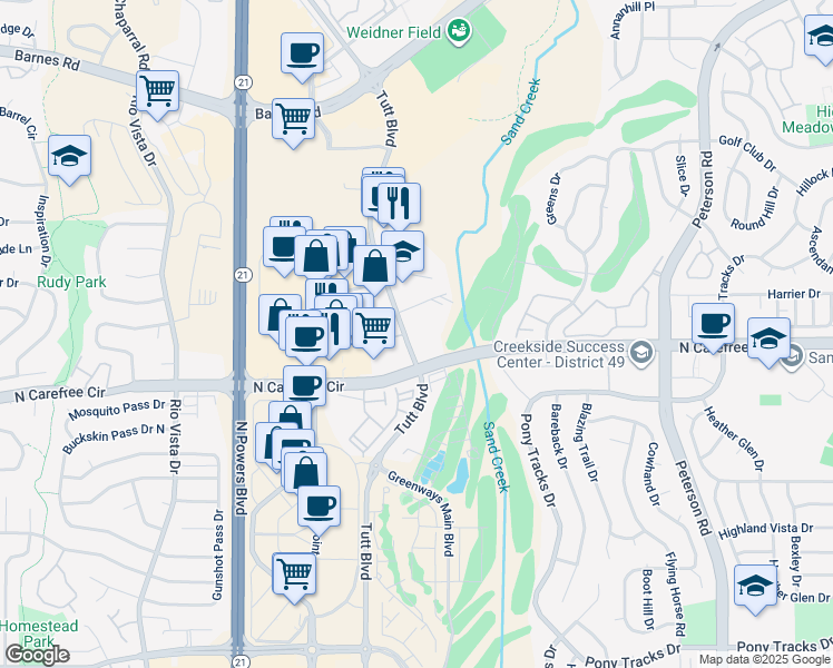 map of restaurants, bars, coffee shops, grocery stores, and more near 3755 Tutt Boulevard in Colorado Springs