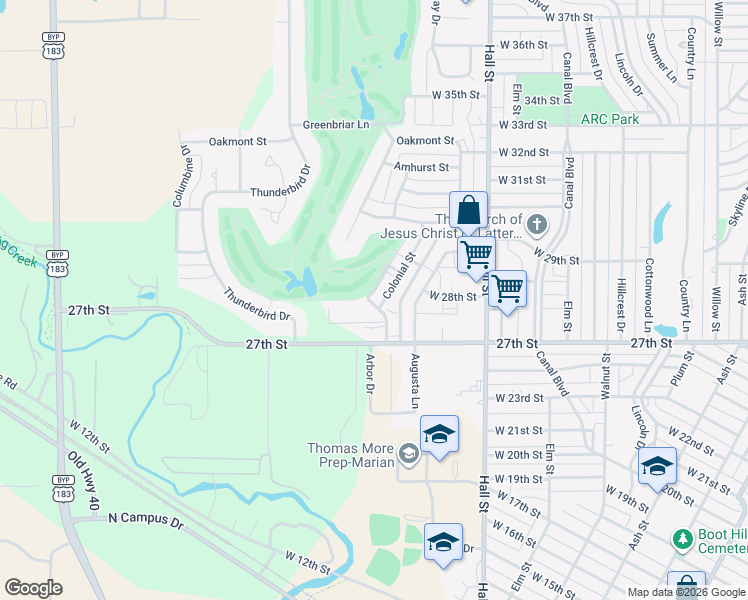map of restaurants, bars, coffee shops, grocery stores, and more near 2733 Colonial Street in Hays